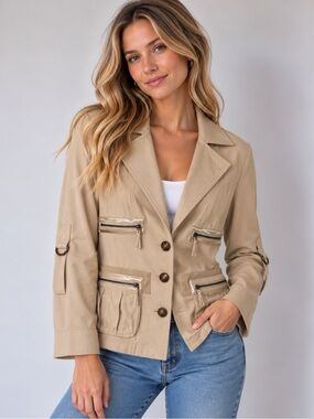 Bebe Y2K Silk Blend Utility Jacket Beige Cargo Safari Moto 2000s Size M